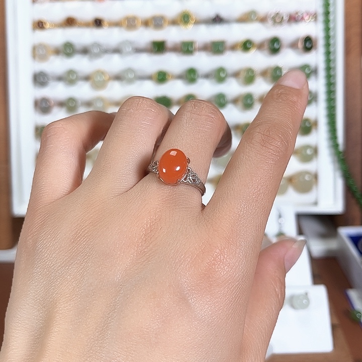 和田玉戒指银S925镀金镶嵌