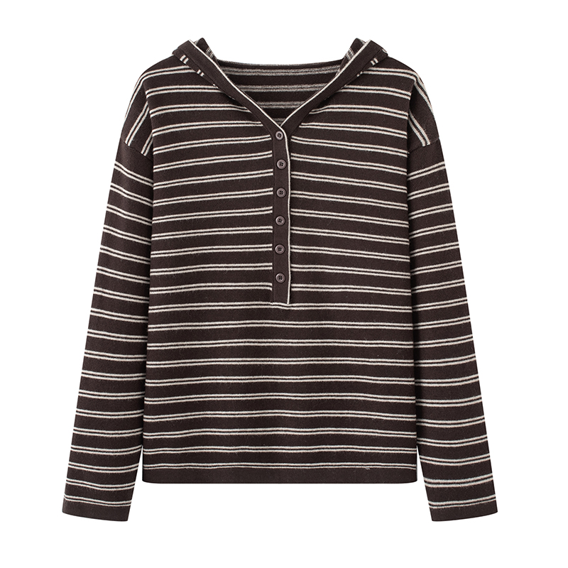 MM商场同款2025秋冬新款宽松绵羊毛条纹套头连帽针织衫女上衣731X