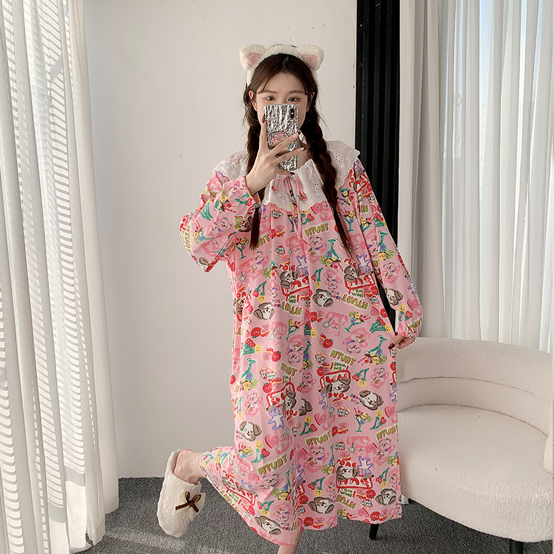 公主风甜美加大码胖MM睡裙春秋长袖卡通翻领孕妇家居服睡衣女加肥