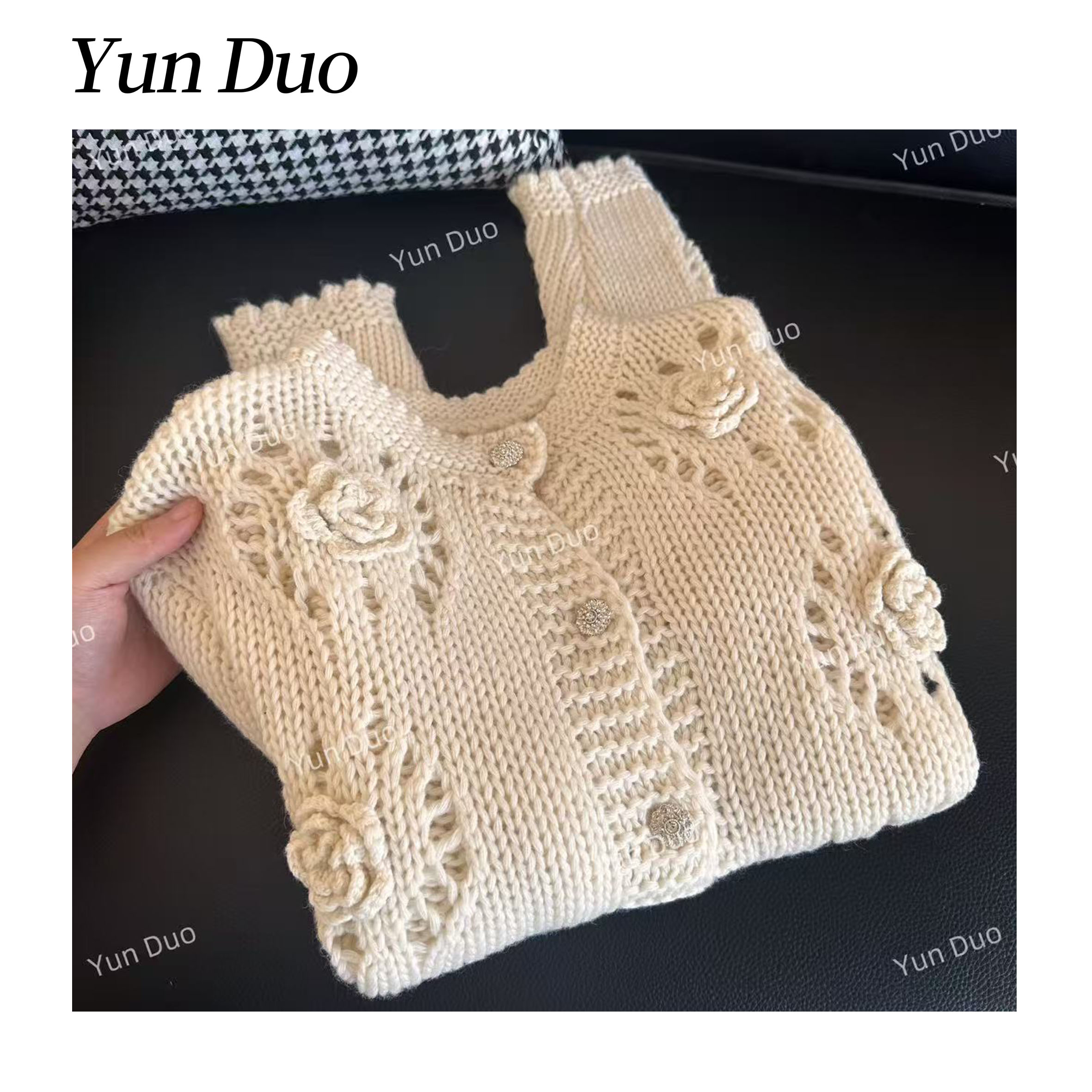 云朵定制【小赫本】温柔感立体提花花朵毛衣开衫LE70