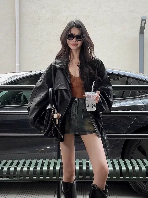 黑色皮衣宽松休闲夹克春秋百搭炸街女款外套气质皮衣外套女机车