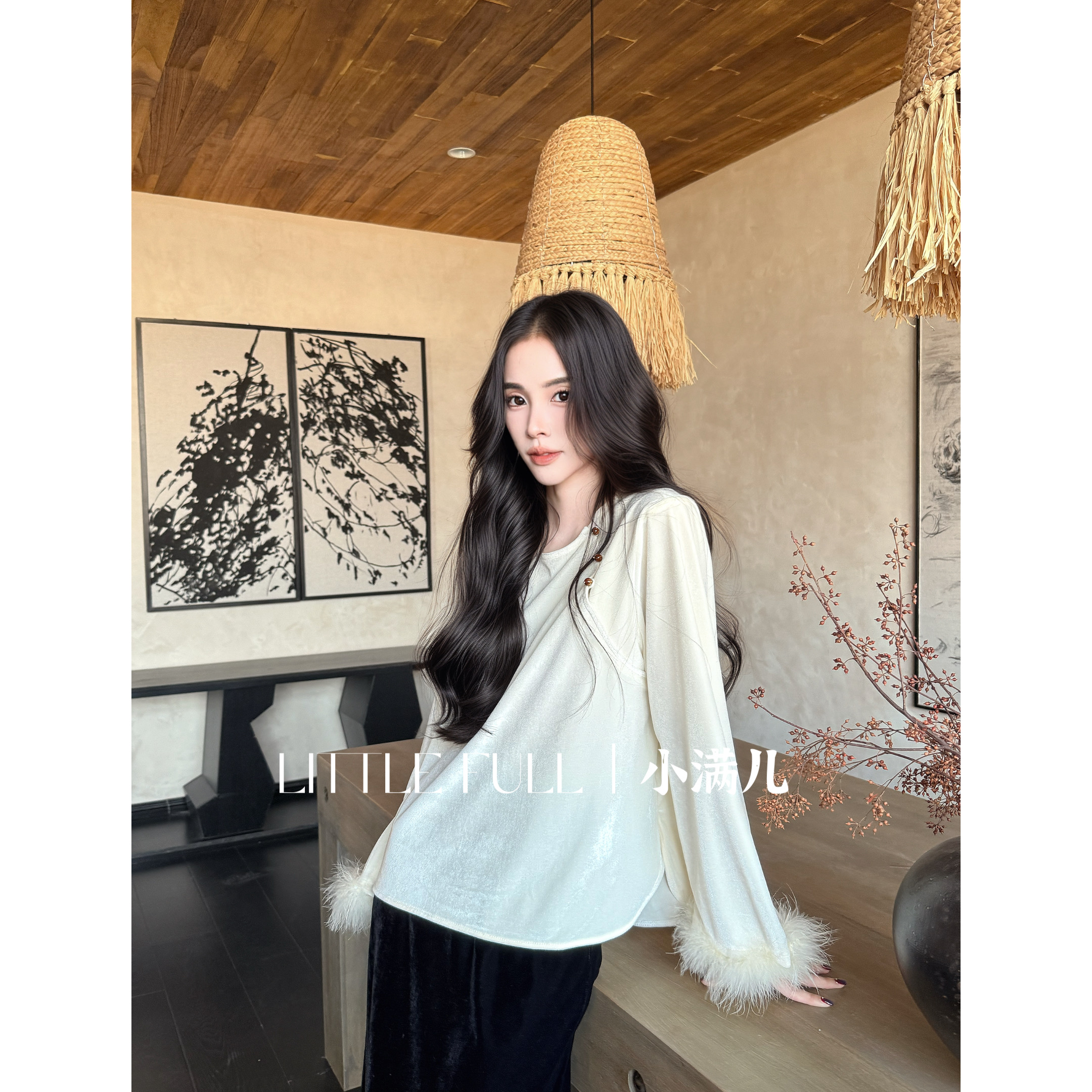 《素白》百搭单品 新中式国风禅意风丝绒斜襟驼鸟毛喇叭袖内搭上衣