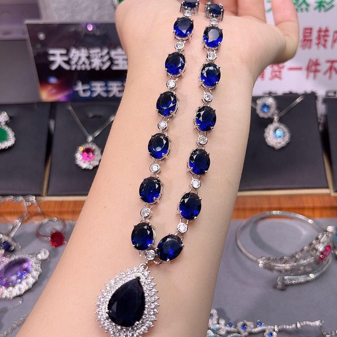 蓝宝石耳饰银S925镶嵌叠加2单198价格前面项链