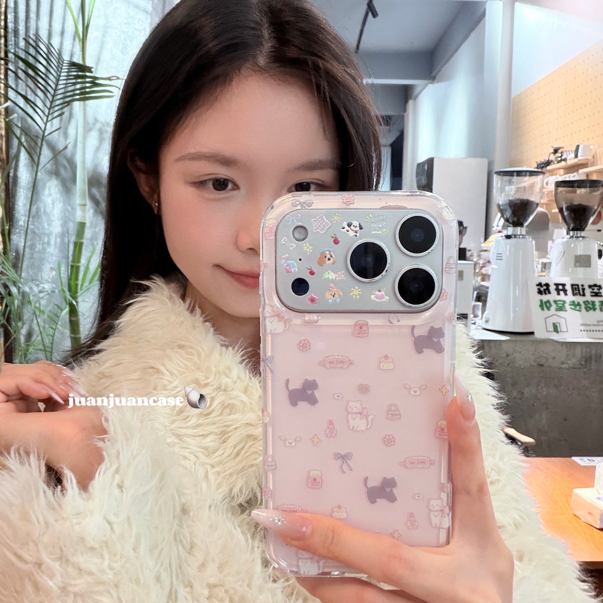 卡通满屏镭射爱心粉小猫手机壳适用苹果iPhone17promax可爱16/15