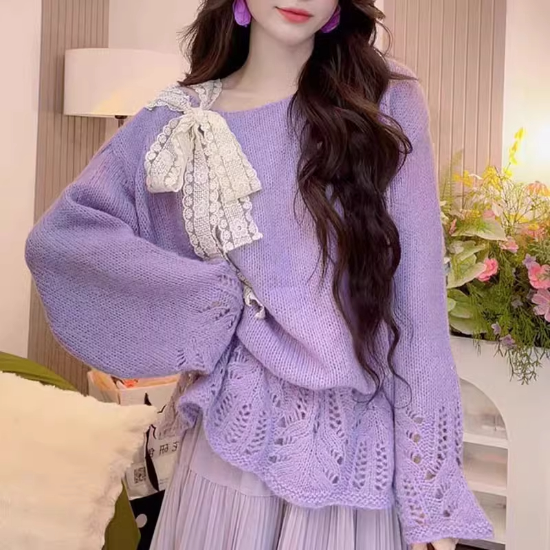 韩系设计感斜肩系带镂空针织衫女2025春秋新款慵懒风收腰显瘦百搭