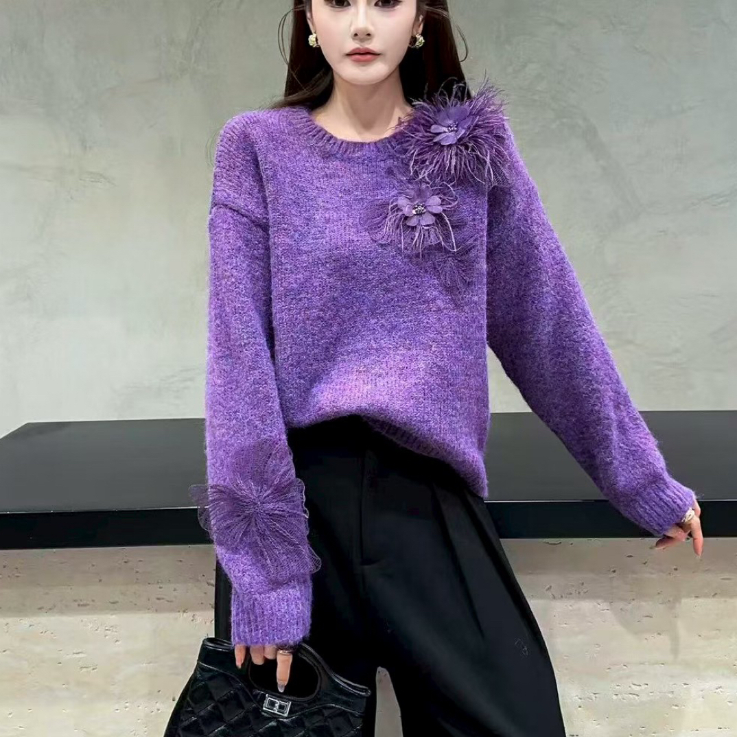 回见女装上衣裤子对应价位喊名字下单立体花朵针织毛衣