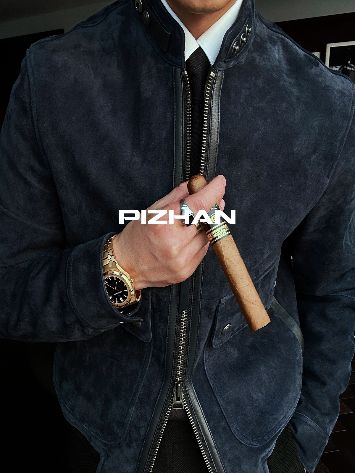 PIZHAN/皮展98212“T-F蓝”时尚男款休闲绒面皮真皮皮衣