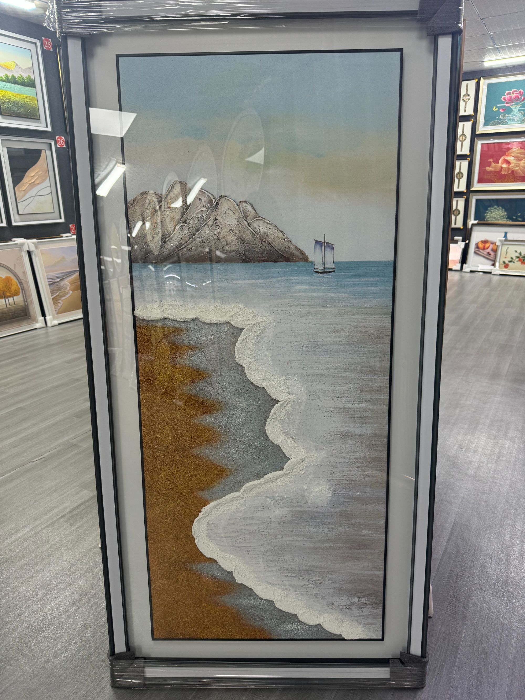 高档轻奢海景山水入户玄关过道走廊砂岩立体装饰画