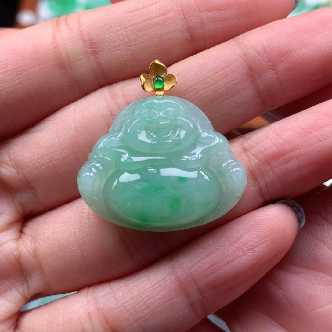 翡翠吊坠(不含链)18K金镶嵌佛公