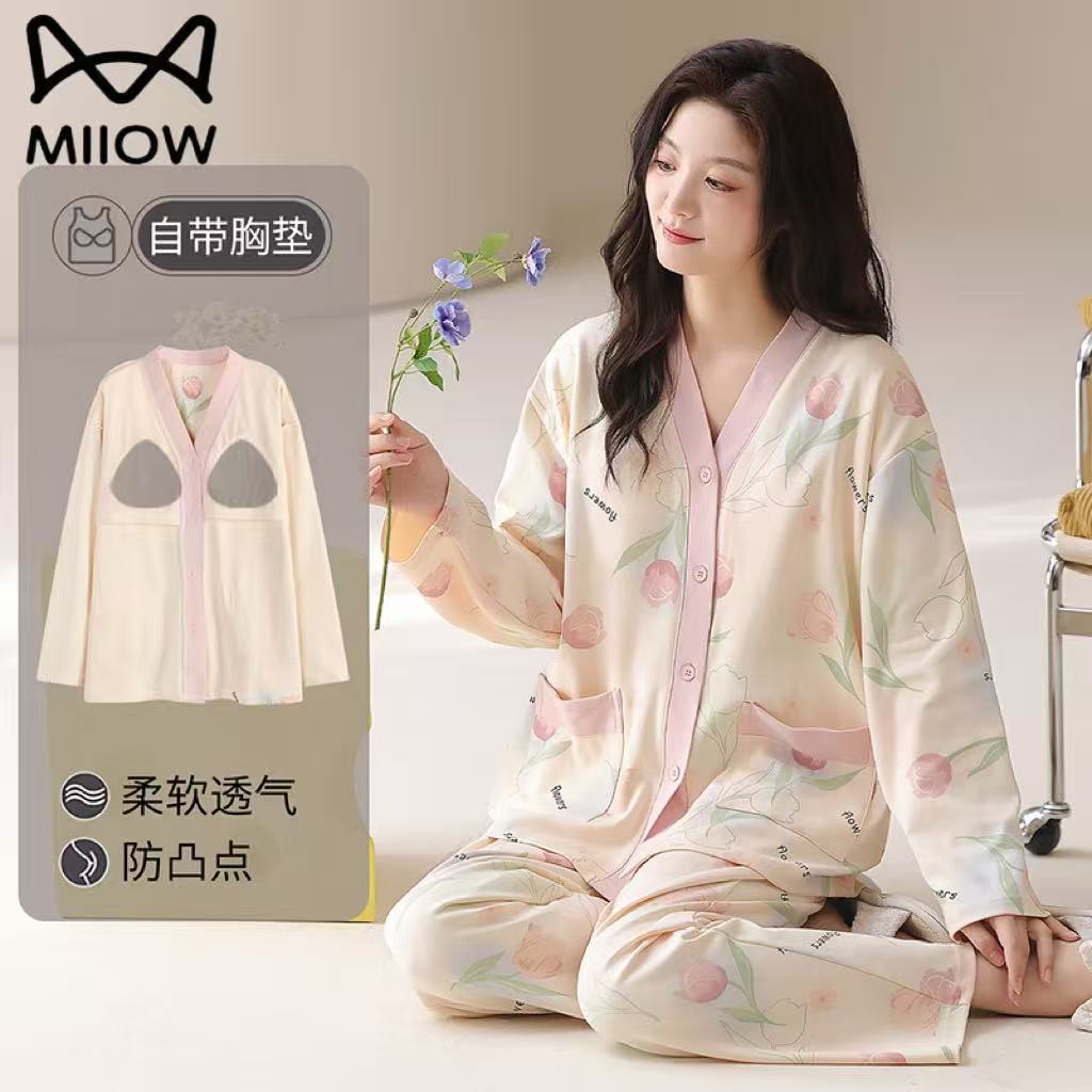 MiiOW/猫人薄款纯棉秋冬季长袖家居服女套装v领睡衣胸垫大码柔软