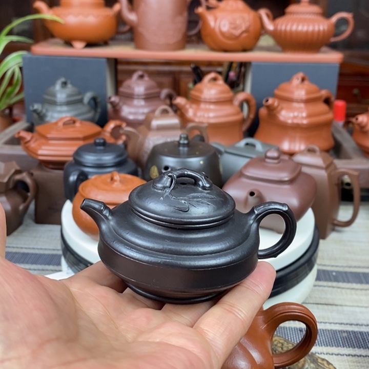 紫砂茶壶双线竹鼓80cc原矿赵庄朱泥捂灰工艺