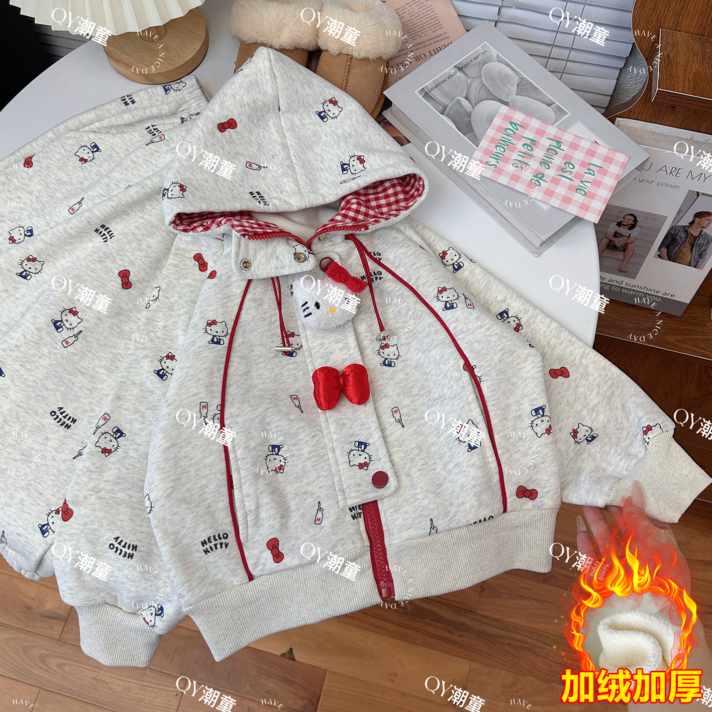 女童连帽卫衣卫裤套装秋冬款加绒加厚女宝宝秋季开衫运动两件套潮