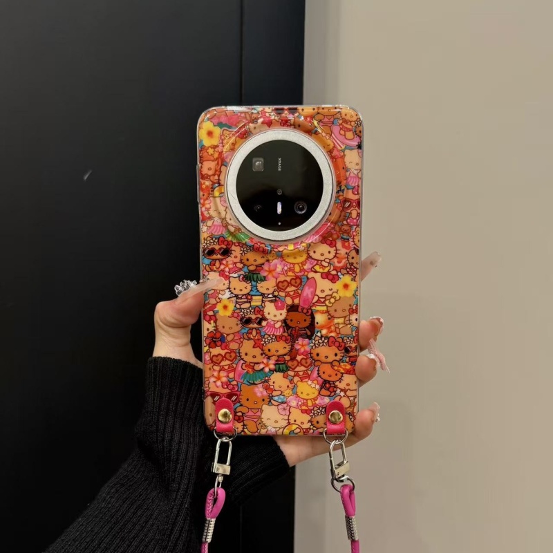 适用华为mate70pro手机壳苹果16pro韩系可爱满屏度假黑皮猫咪碎花