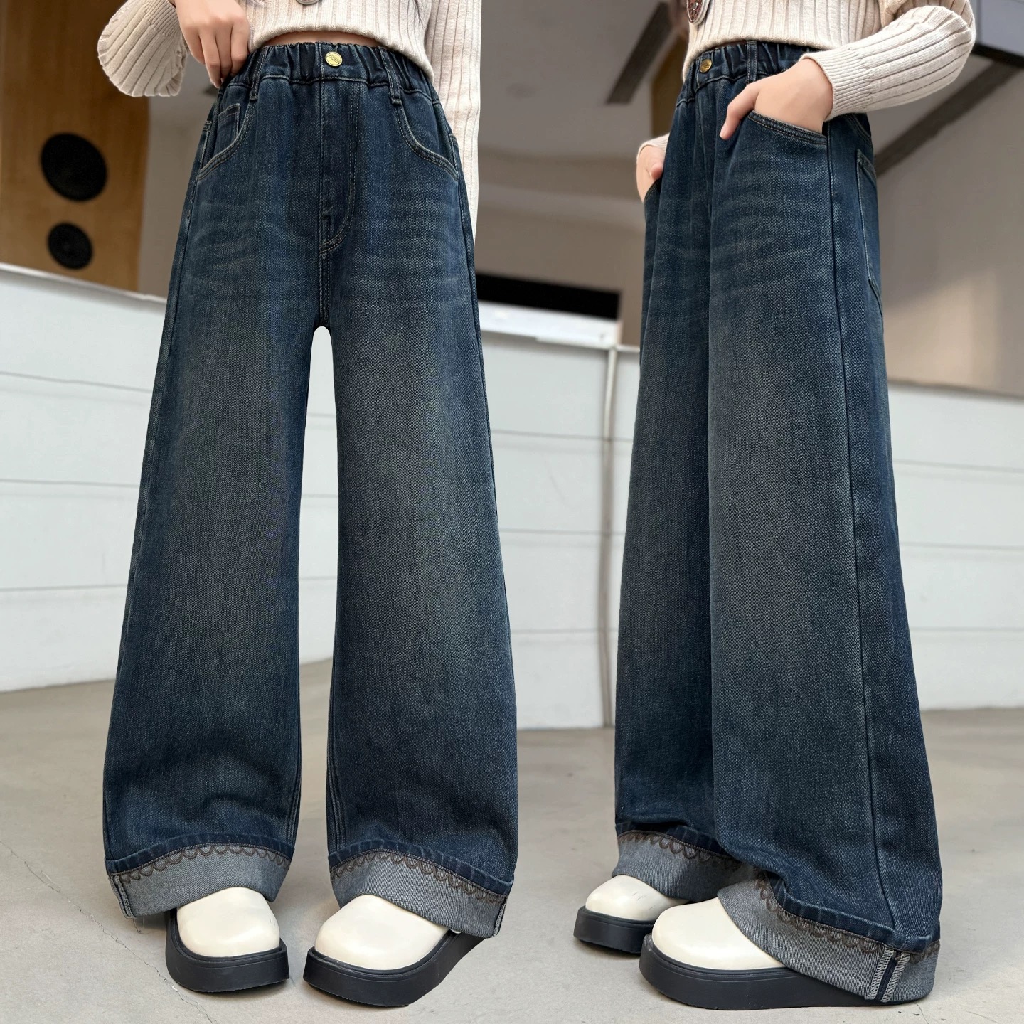 冬款洋气翻边波浪加绒女童牛仔裤 F295 295 R