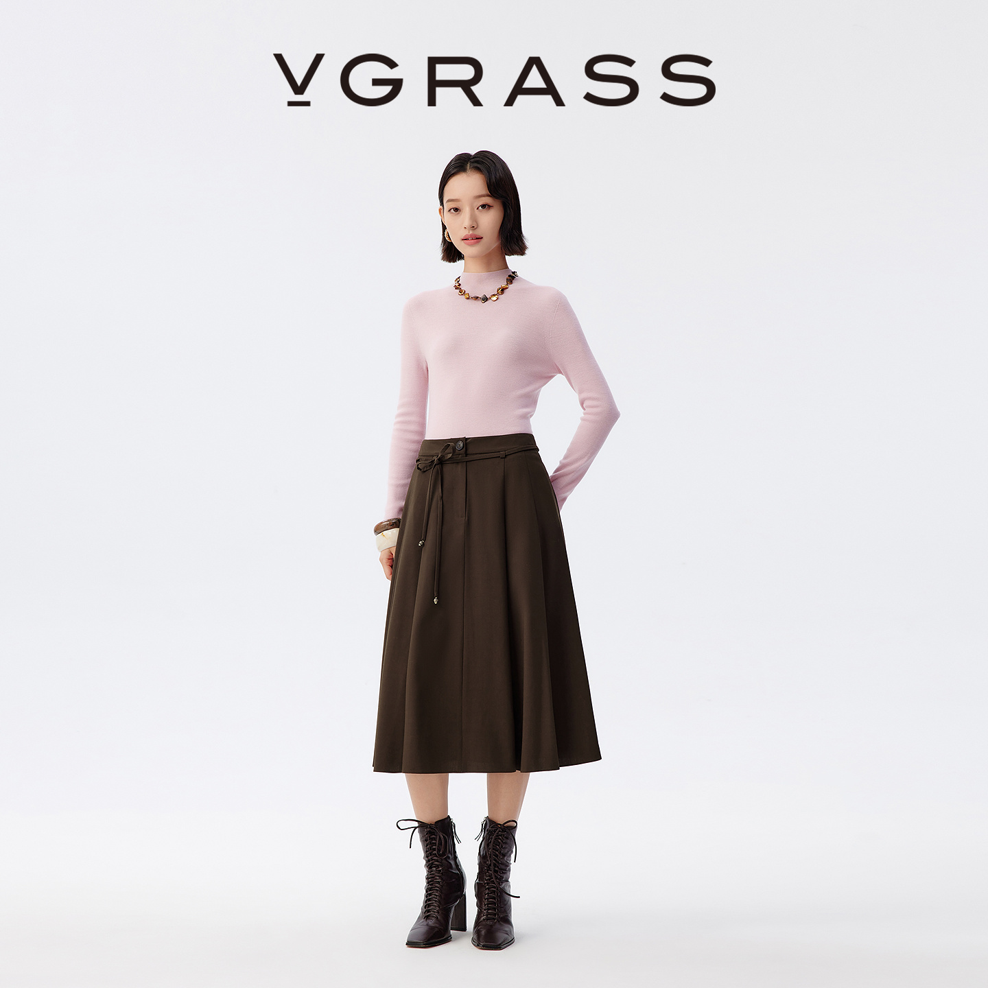 VGRASS立体褶皱半身裙冬季新款定纺绵羊毛经典A字半裙VSB2P4842D