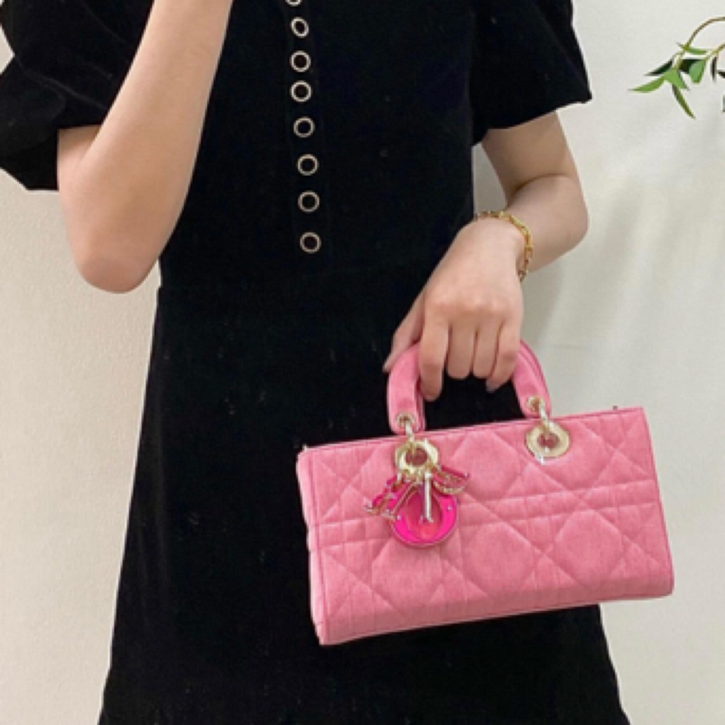 99新 DIOR/迪奥  LADY- JOY系列粉色格纹牛仔戴妃包 手提单肩包 