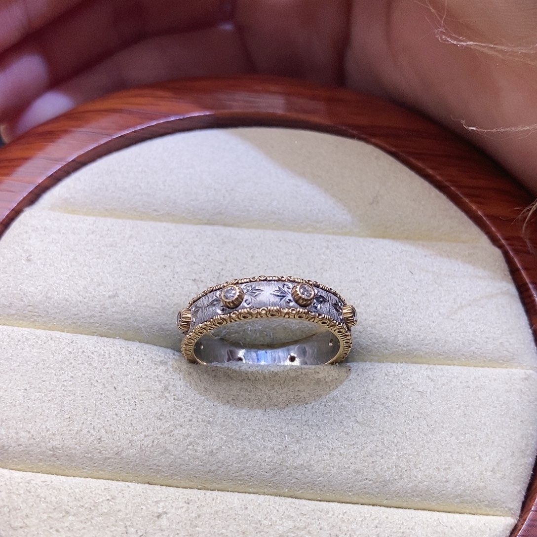 钻石戒指/指环18K金镶嵌黄白雕纹拉丝拼色戒指14