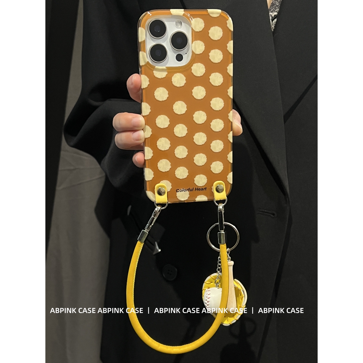 韩系ins风黄波点棒球挂件适用iPhone16promax苹果15手机壳14/13女