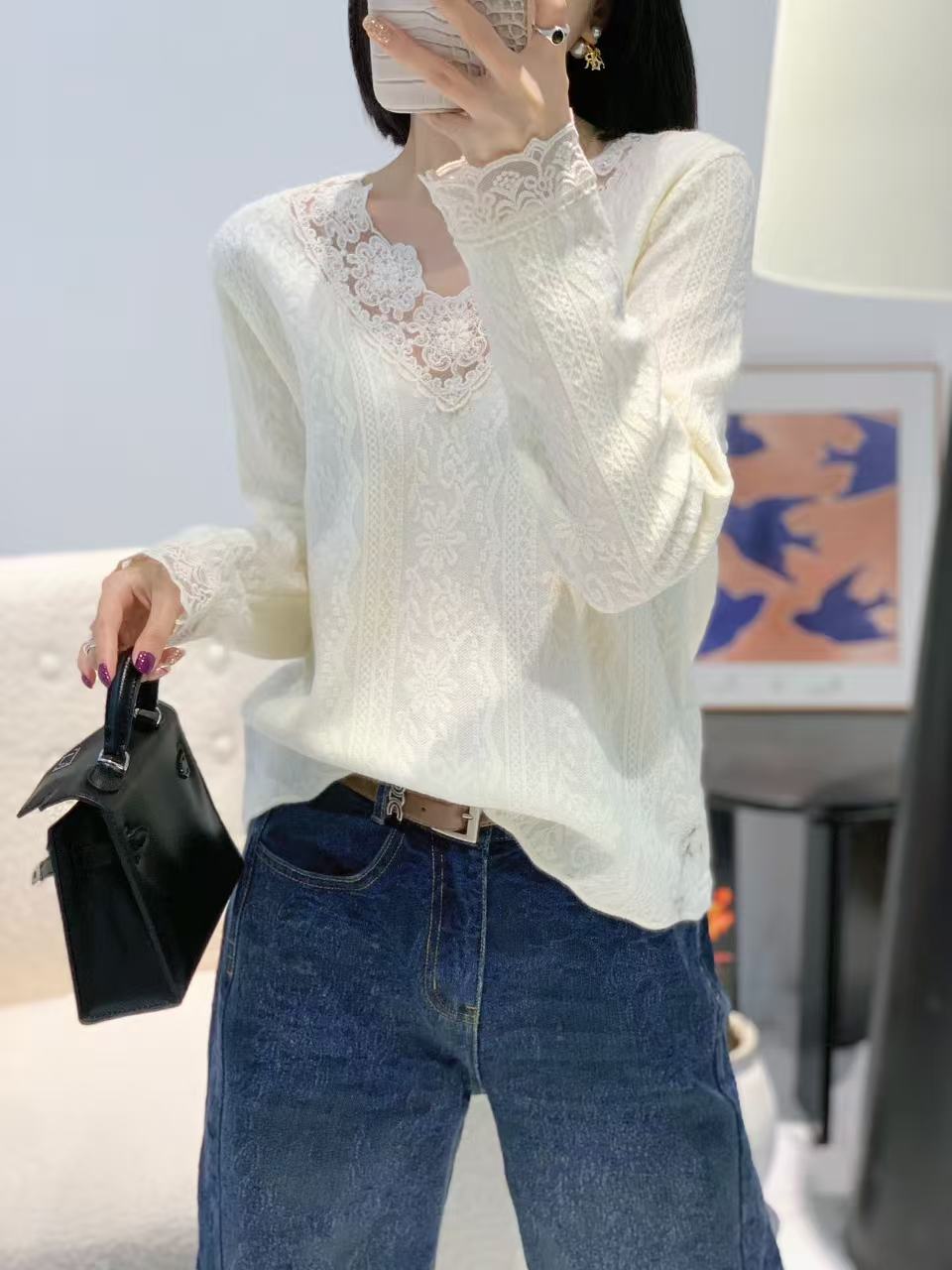 约200g美到极致V领蕾丝钩花洋气内搭套头打底女-FC2025B