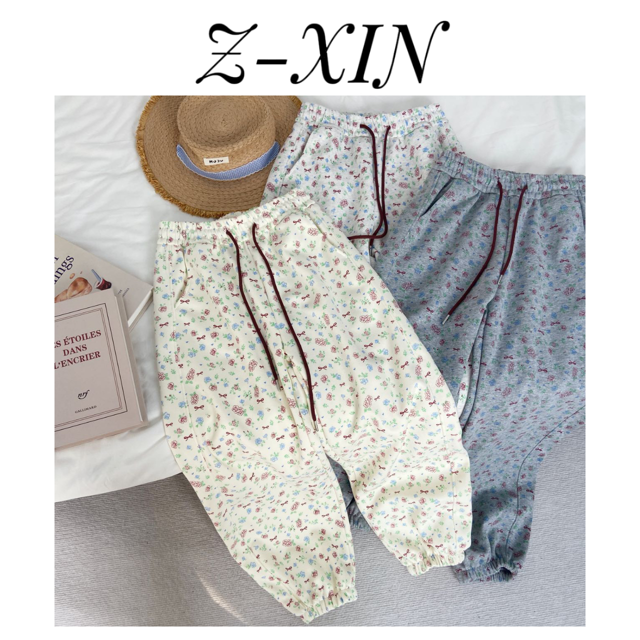 Z-XIN春款抽绳可收紧两穿蝴蝶结雏菊满印休闲百搭卫裤