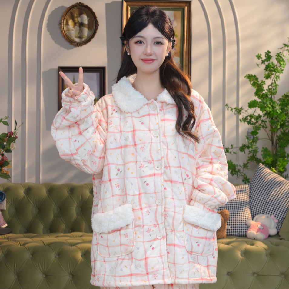冬季大码加厚保暖睡衣胖m200斤小棉袄长袖宽松加绒家居服卡通套装