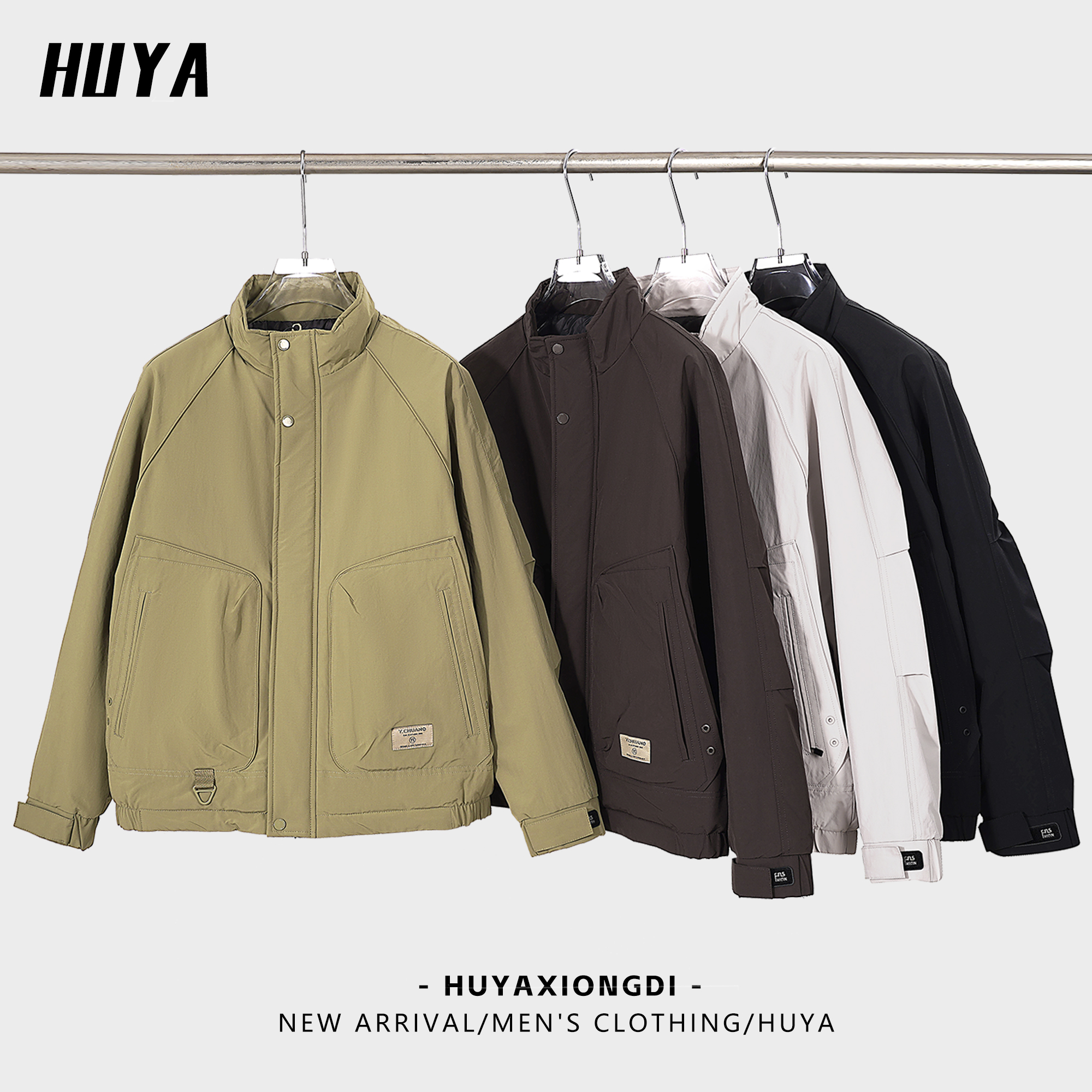 HUYA冬季新款美式复古简约百搭拉链字母贴标立领纽扣男棉服LT8808