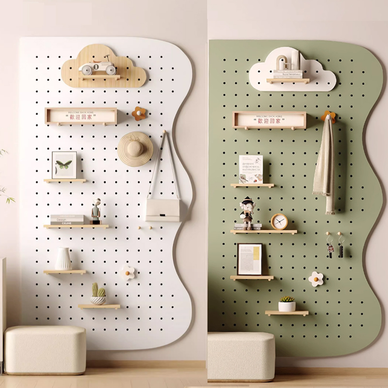 实木洞洞板置物架定制入户玄关墙上造型挂衣架一体书桌展示架挂板