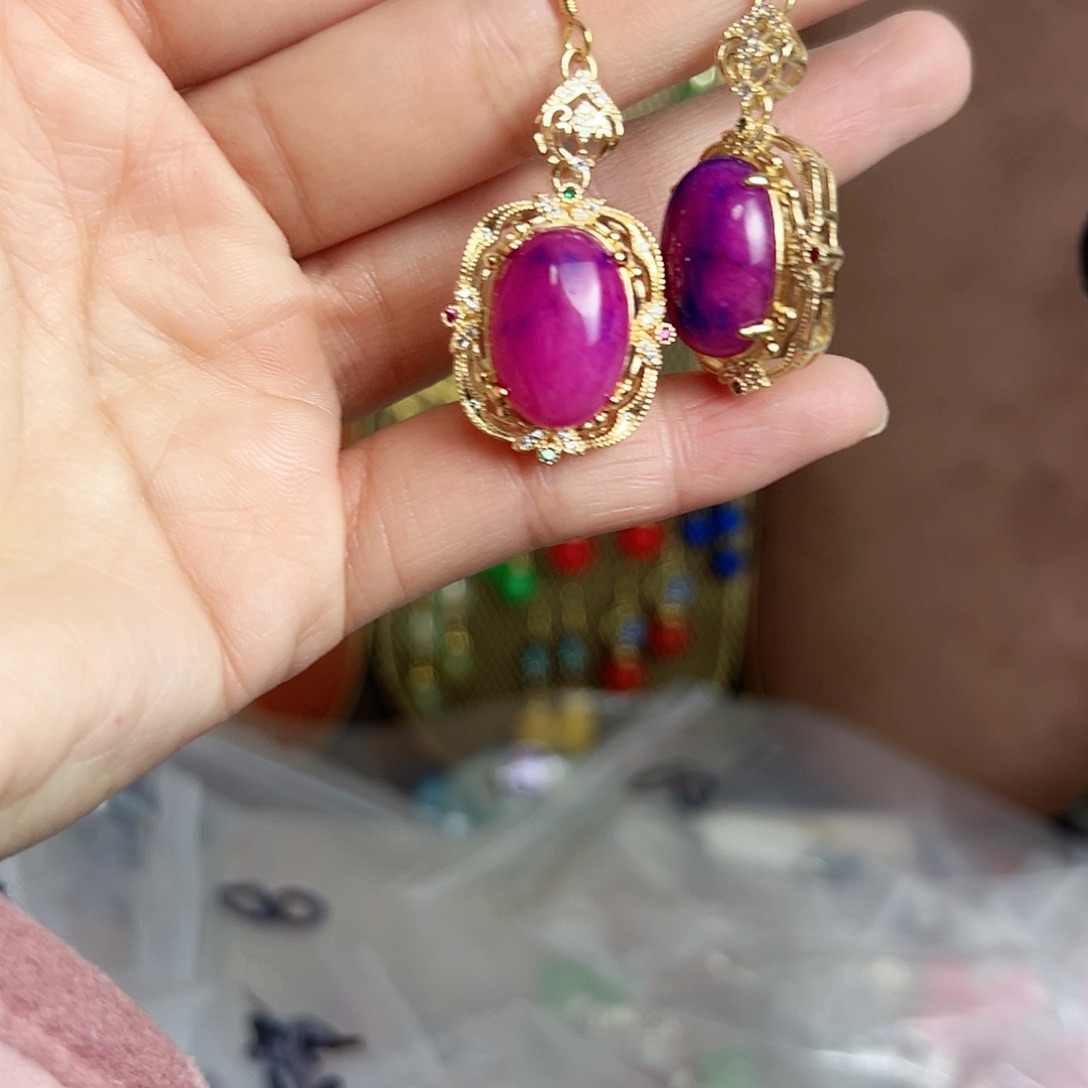 银S925镶嵌耳钉玛瑙/玉髓紫色