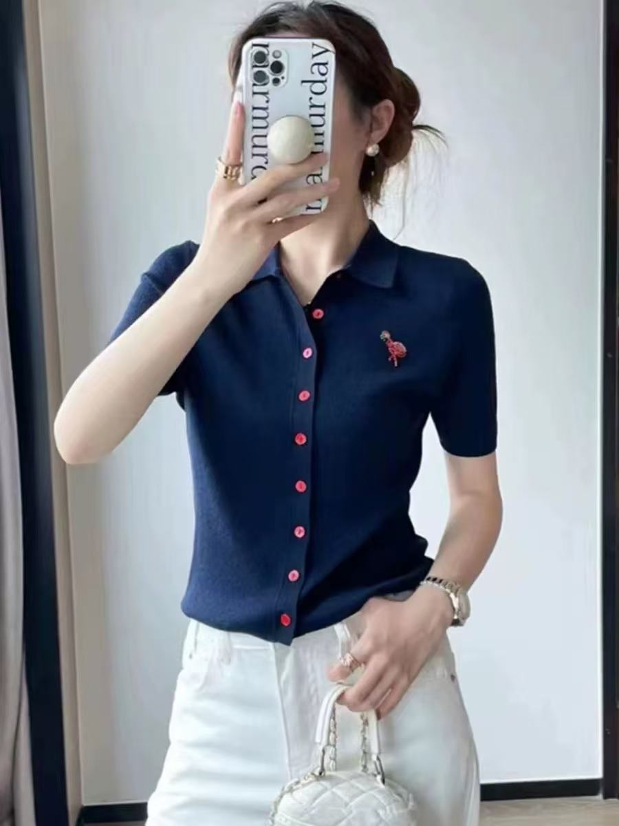【编码105】 亮片单排纽扣polo领短袖上衣女修身显瘦弹力针织开衫