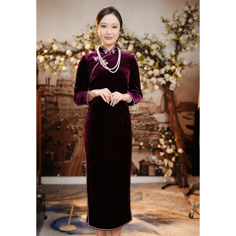 徐永良 57455【抚丝吟】改良丝绒旗袍裙底布桑蚕丝喜婆婆婚宴连衣裙