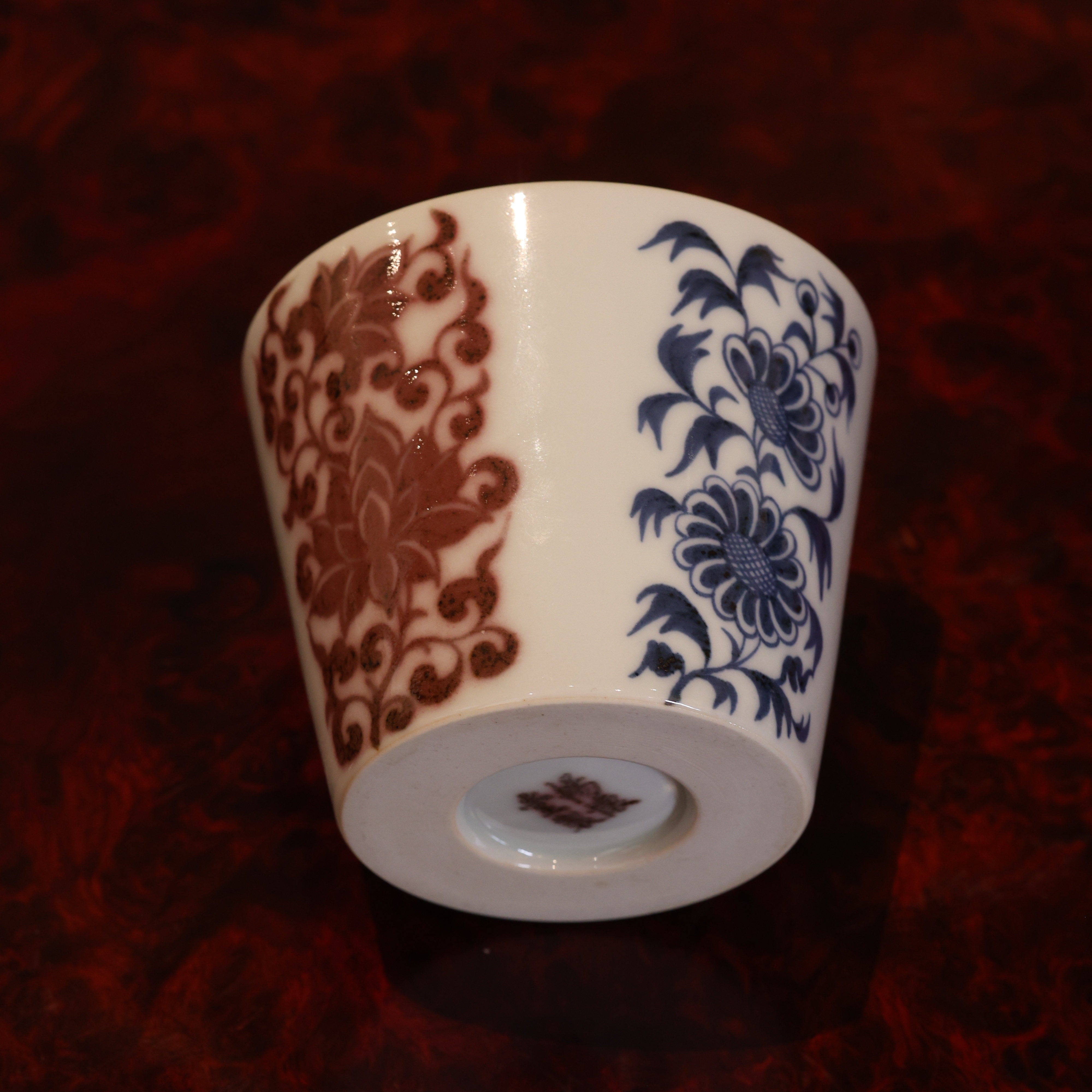 畅怀堂·元青花釉里红·缠枝莲冰桶杯景德镇陶瓷纯手工手绘茶具