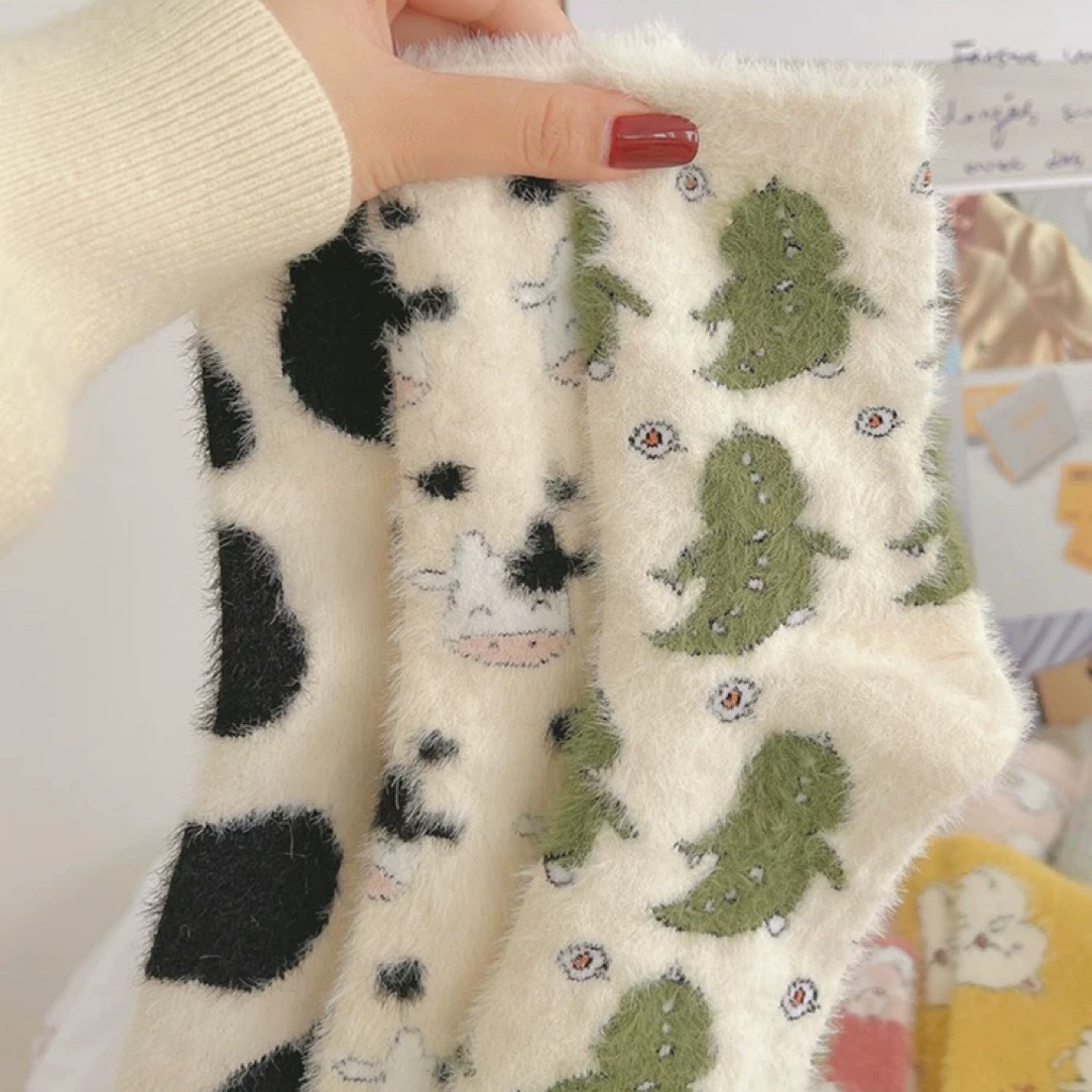 女士秋冬加绒加厚毛绒中筒居家地板袜可爱风睡眠月子袜