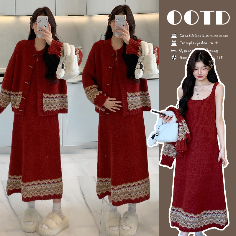 气质红色孕妇装秋冬季时尚套装针织开衫外套背心裙两件套