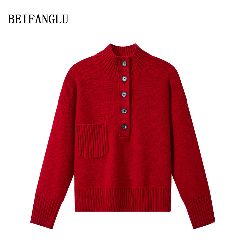 北方鹿【100%绵羊毛】气质半开襟加厚氛围新年红套头针织毛衣251511