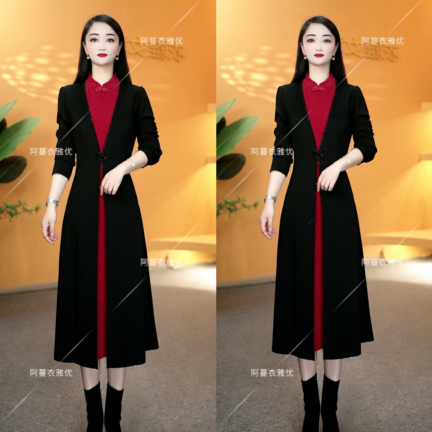 【衣雅严选】8065-1415#新款锦棉罗马拼接银丝纱高定盘扣连衣裙