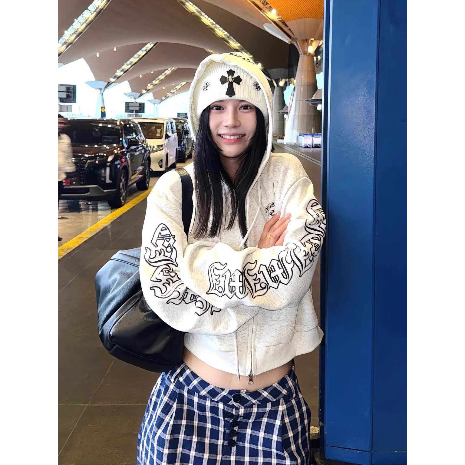 美式复古哥特风字母印花短款开衫连帽卫衣女春秋辣妹休闲百搭外套