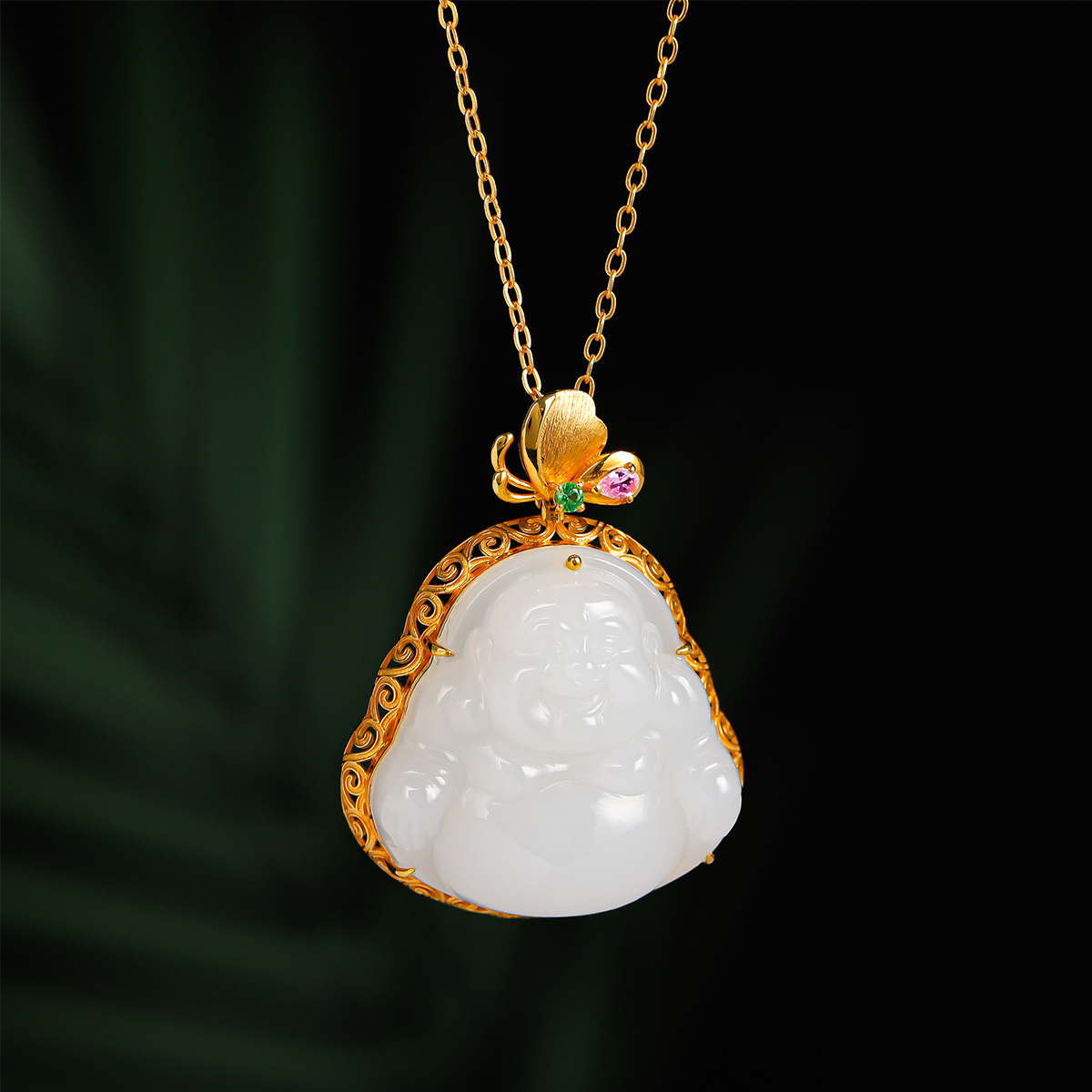 【传承收藏款】18K金蝴蝶镶嵌25*10mm高货白玉大佛HNZ6264