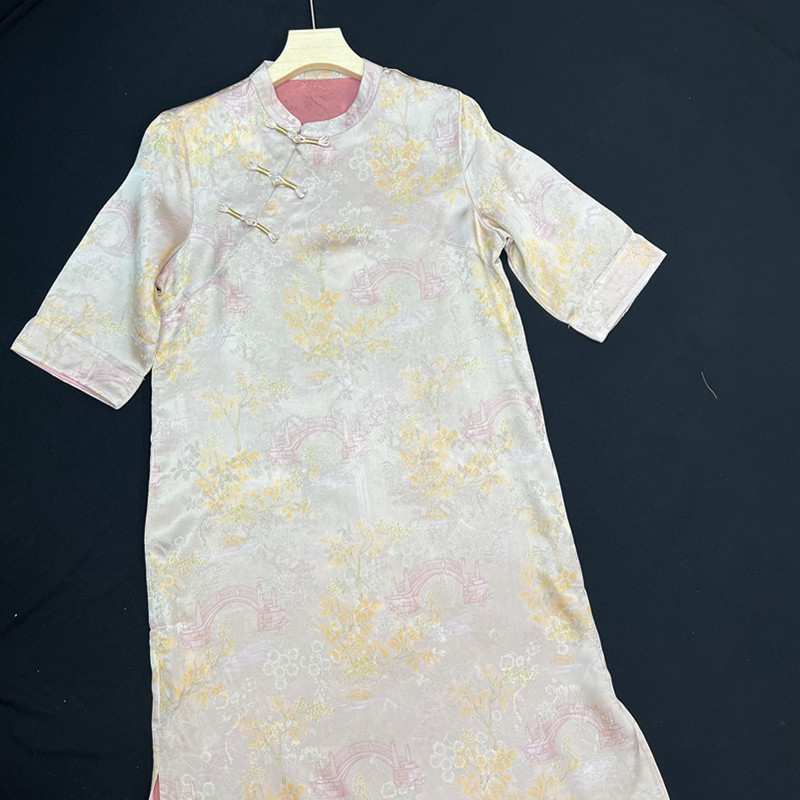 【望月阁-米】新中式改良款斜襟提花宽松连衣裙夏季气质