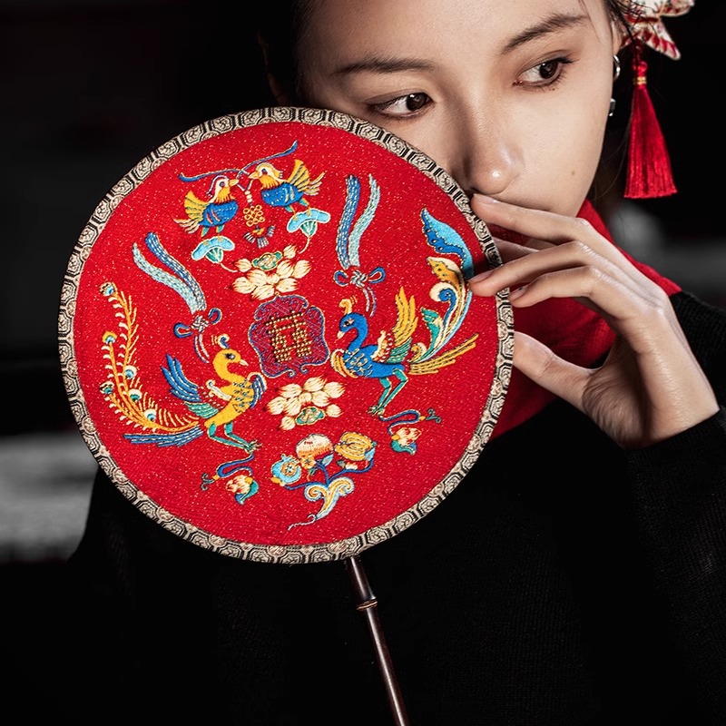 王的手创 喜扇双面刺绣手工DIY材料包古风汉服结婚新娘团扇绣字