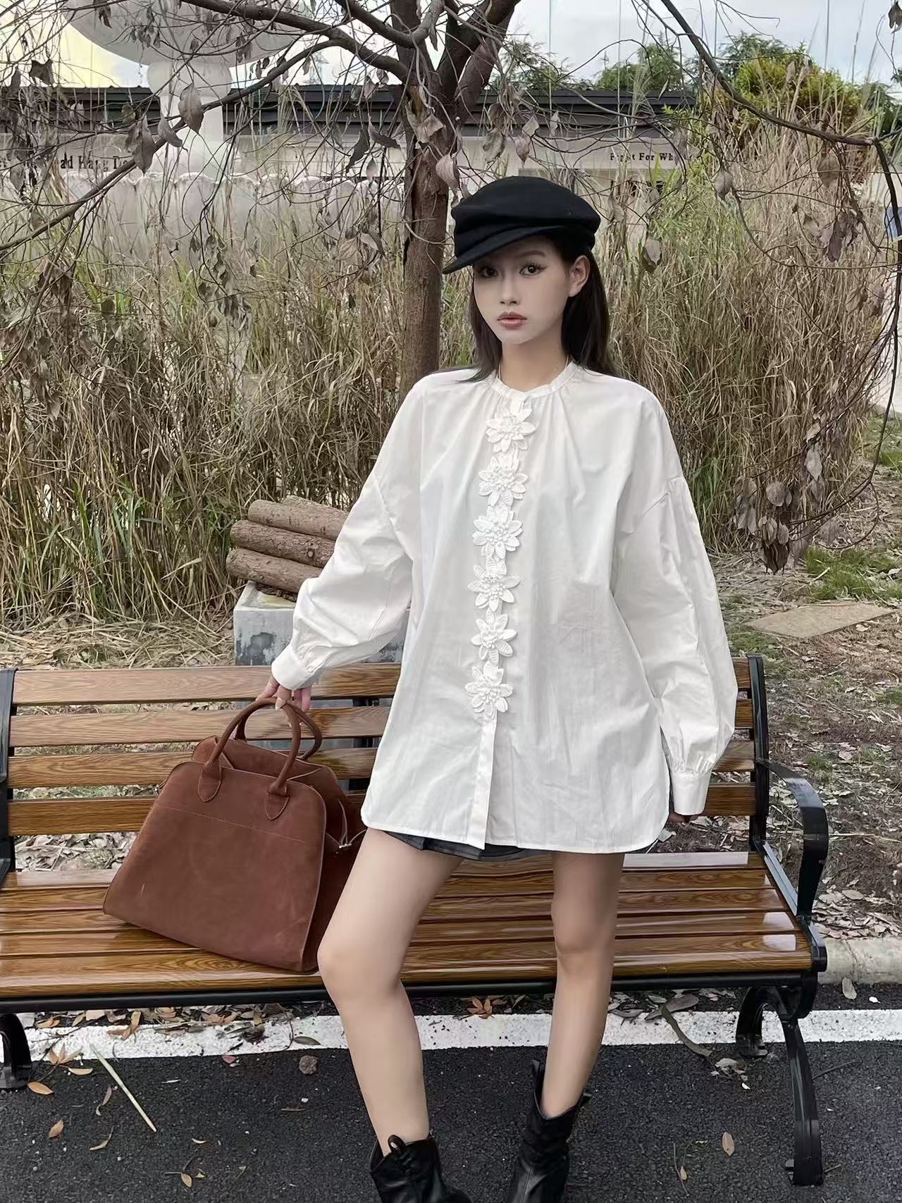 【一排花朵】陈思思秋季新法式复古宽松大码百搭立体花朵衬衣外套