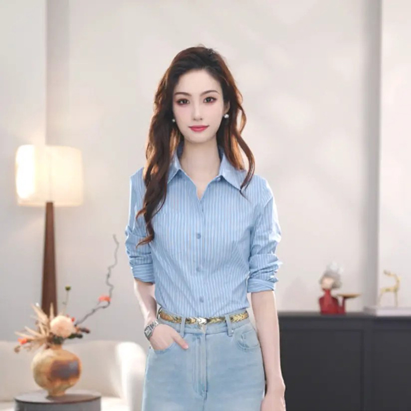 {专柜}正品商场同款25新款舒适百搭极简风蓝色条纹衬衫女530022