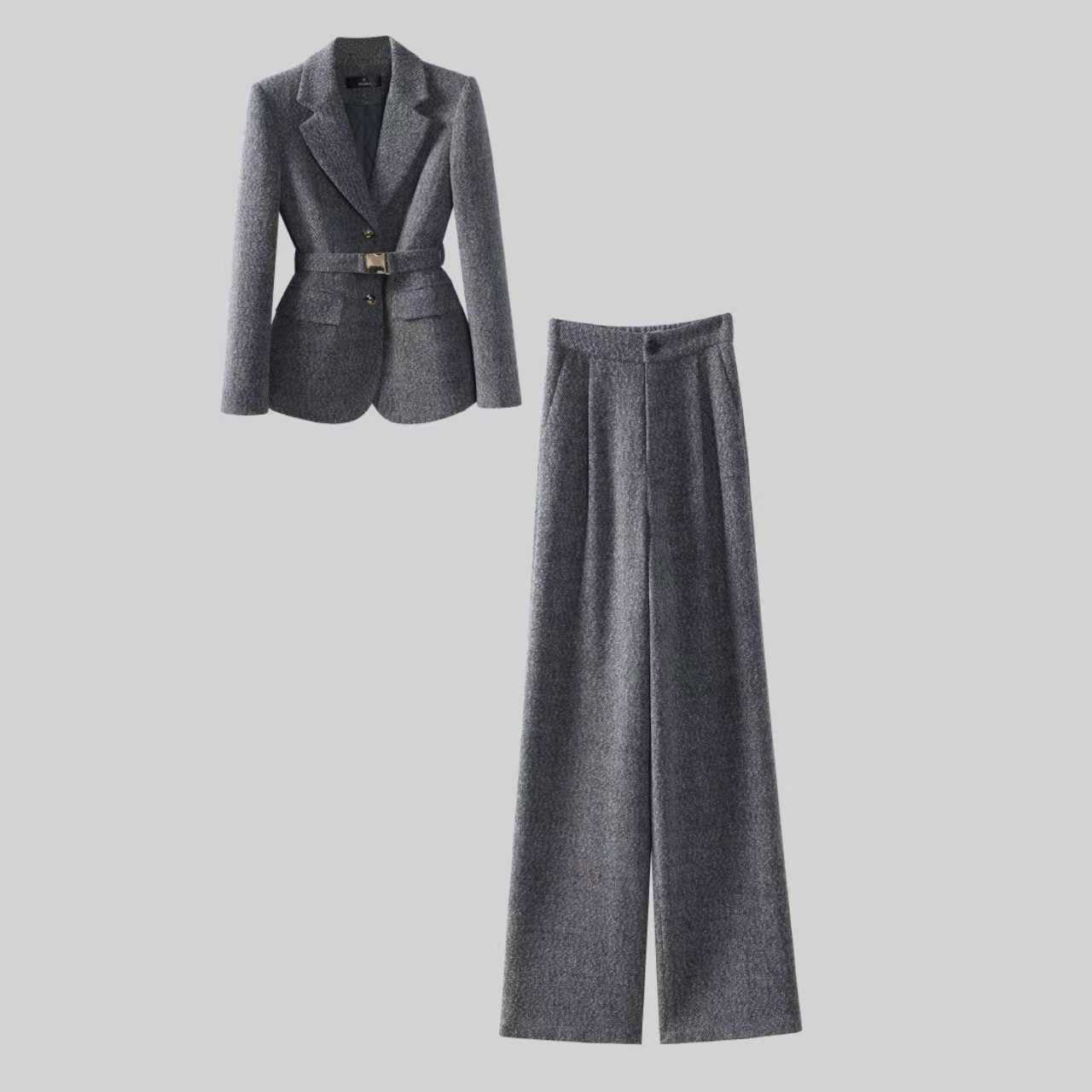 〈纪朵研〉1566复古港风时尚套装秋冬加棉高腰灰色显瘦阔腿裤气质