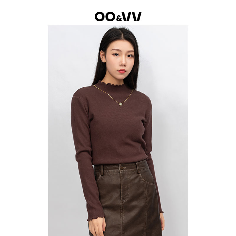 OO&VV【柔甜木耳】打底衫女2025秋米色圆领针织衫毛衣(不含项链)