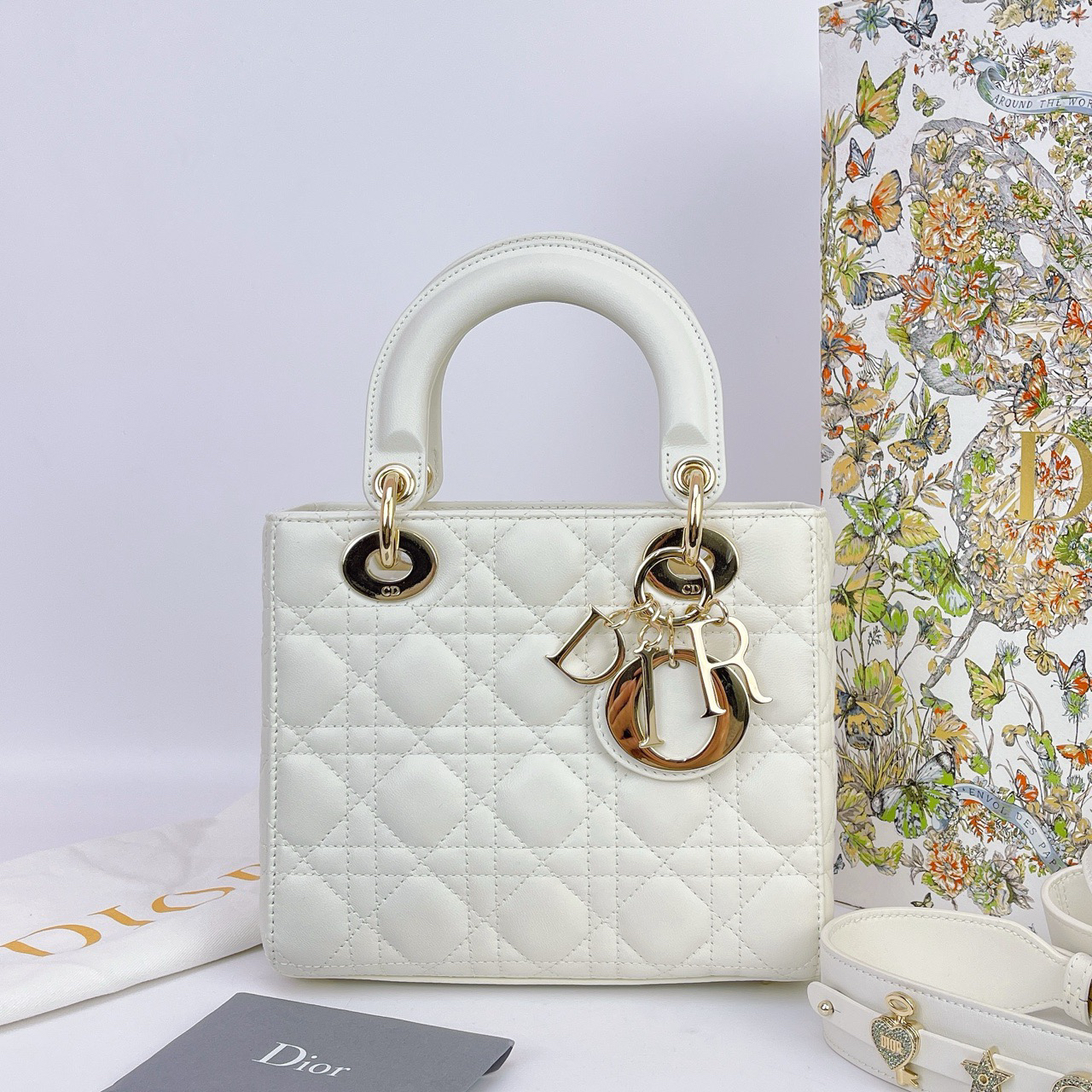 99新 DIOR/迪奥 迪奥 白色戴妃勋章款斜挎包底长20 E330