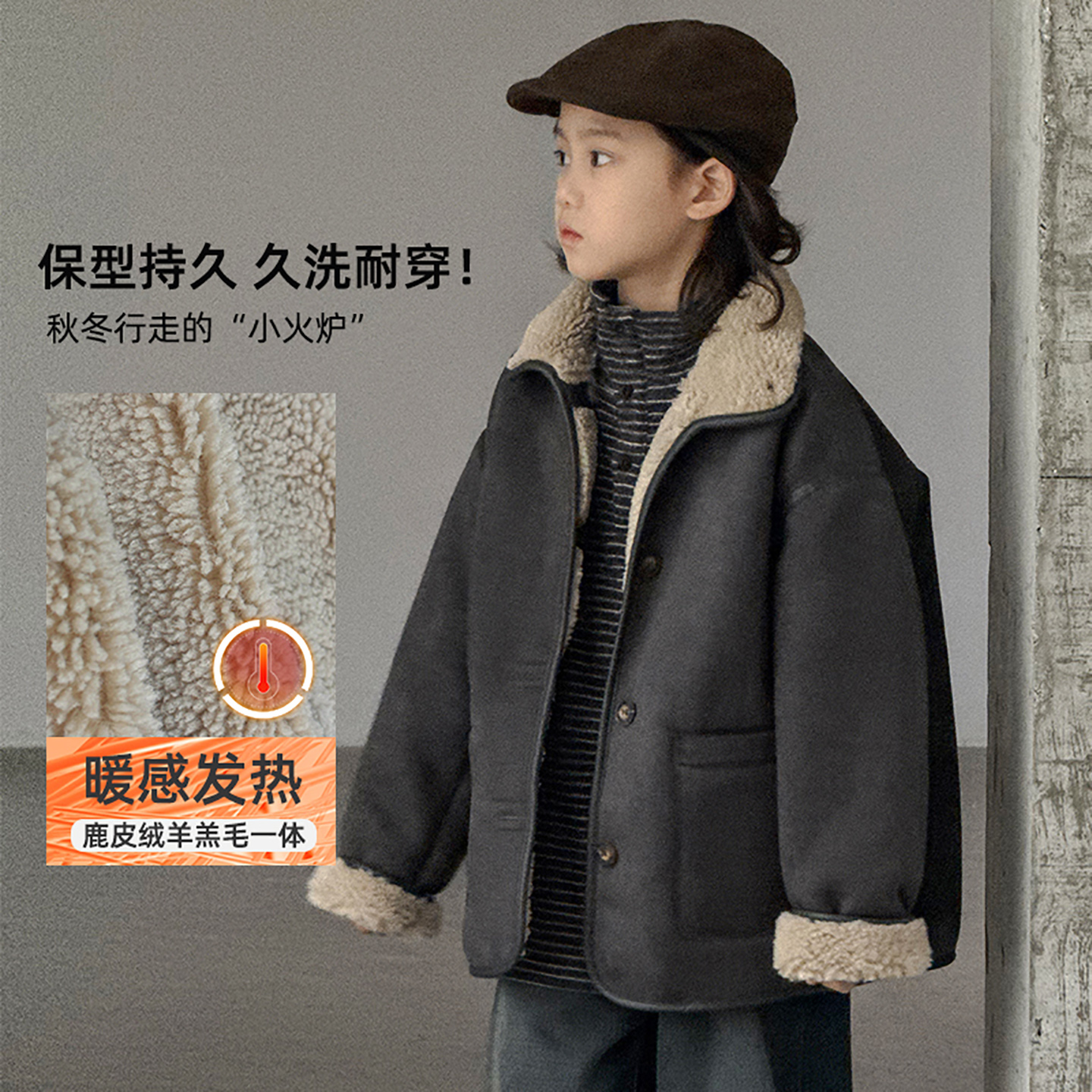 男童韩版宽松冬季百搭加绒保暖简约翻领复古纯色毛毛外套中大童
