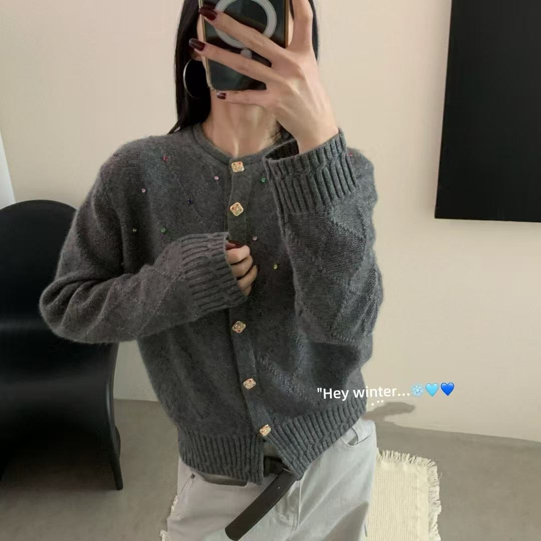 9767-3522 钉住开衫红色领针织宽松毛衣服纯色毛针织衫