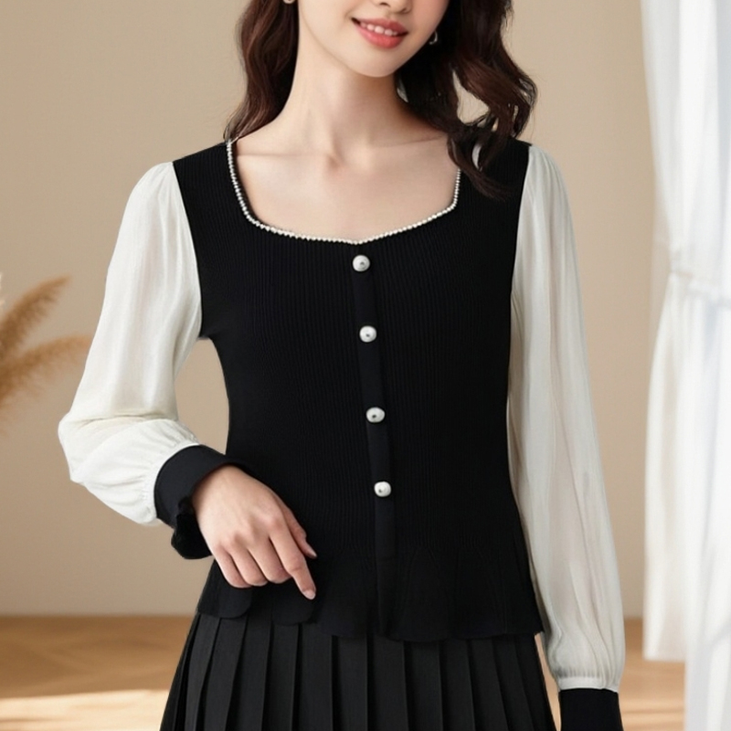 假两件针织衫女春秋长袖上衣法式气质内搭打底修身显瘦小众设计感