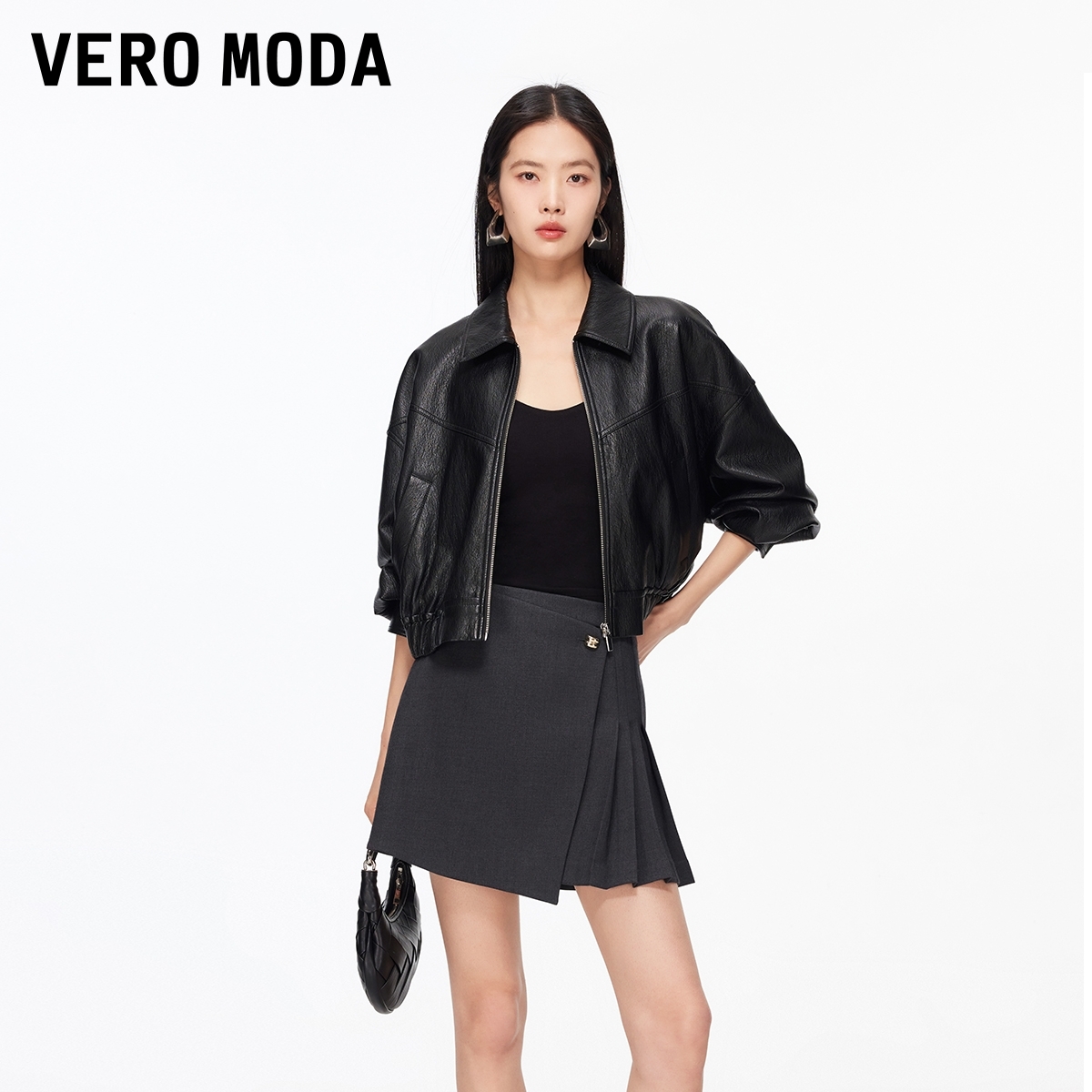 Vero Moda半身裙2026春季新款含内衬不对称压褶纯色裙裤显瘦百搭