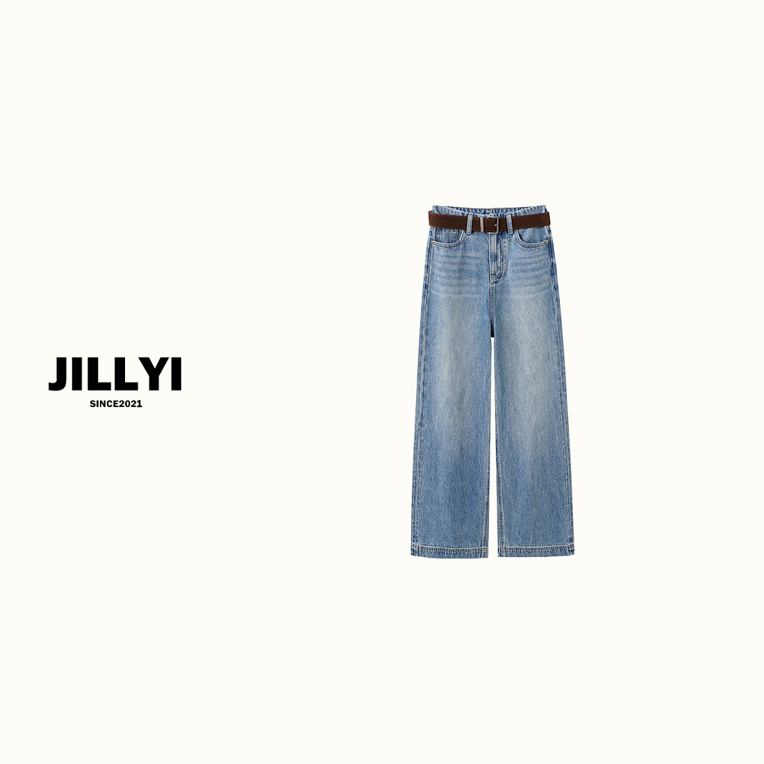 JILLYI珠海店【海岸晚风】水洗蓝高腰显瘦牛仔裤时尚休闲直筒裤