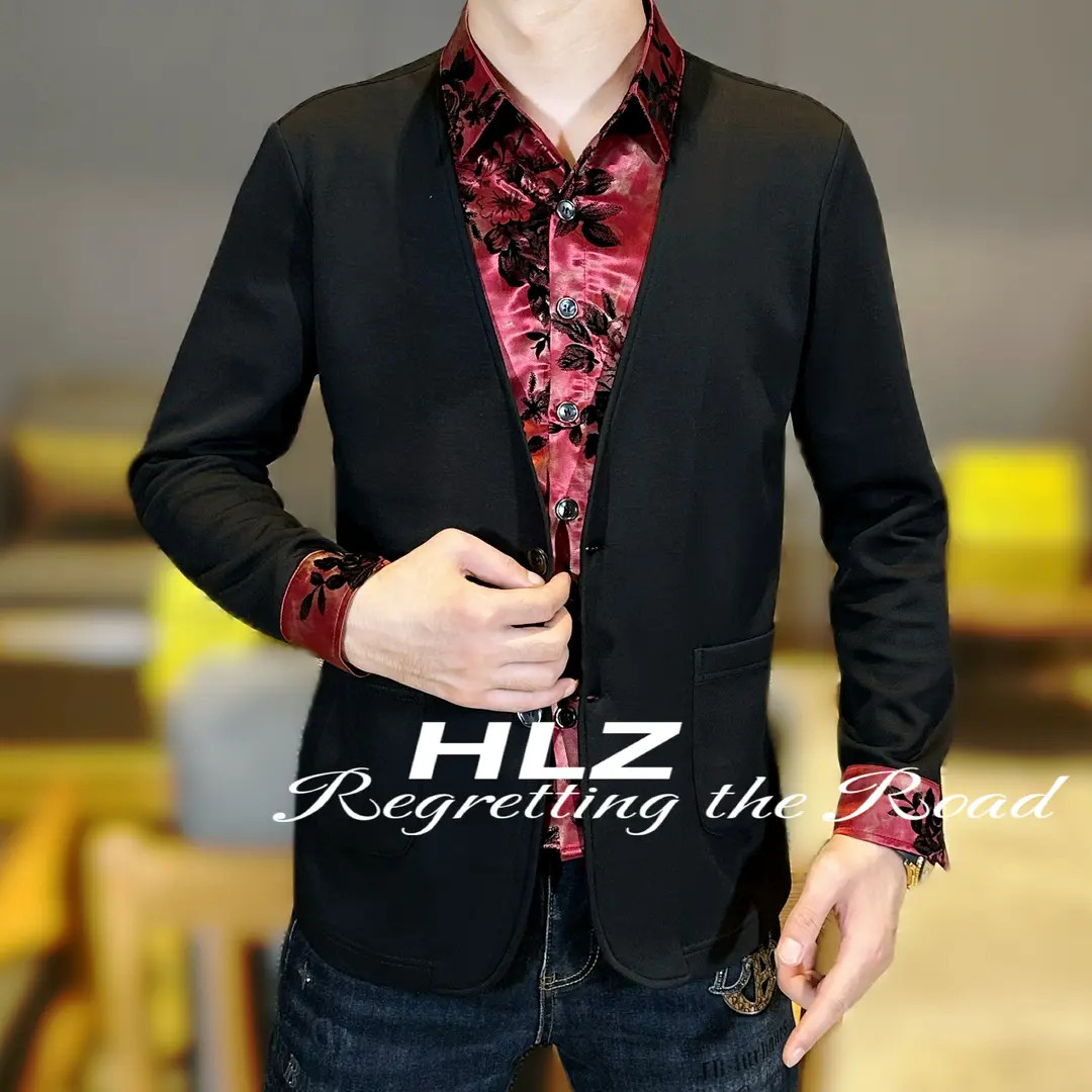 2025秋冬新款高品质男士时尚弹力百搭潮流翻领长袖假两件打底衫